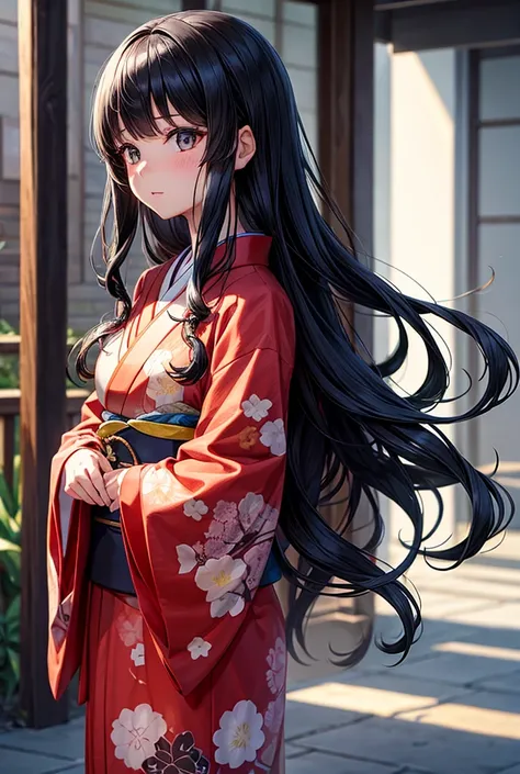 A girl in a kimono with bangs of long black hair with a wavy silhouette and a very generous chest 