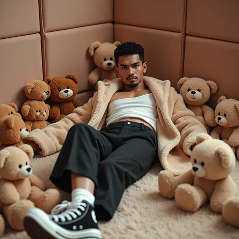 an effeminate man, delicate man,super short hair, barba, wide leg pants, plush coat, toys, plush rug, plush walls, realisitic, hiper realisitic, stylish clothes, cropped, all star, full body, pop singer outfit, thin, lots of teddy bears scattered around, c...