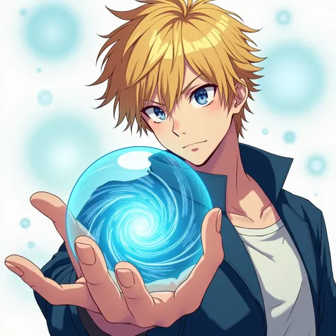 The character, a guy, is blond, In one hand he clutches a magic ball, inside of which a spherical vortex in the anime style is gathering. He looks at him. Turned to the viewer, a large magic ball in his hand, anatomy, correct anatomy, 8k. 4k, high quality,...