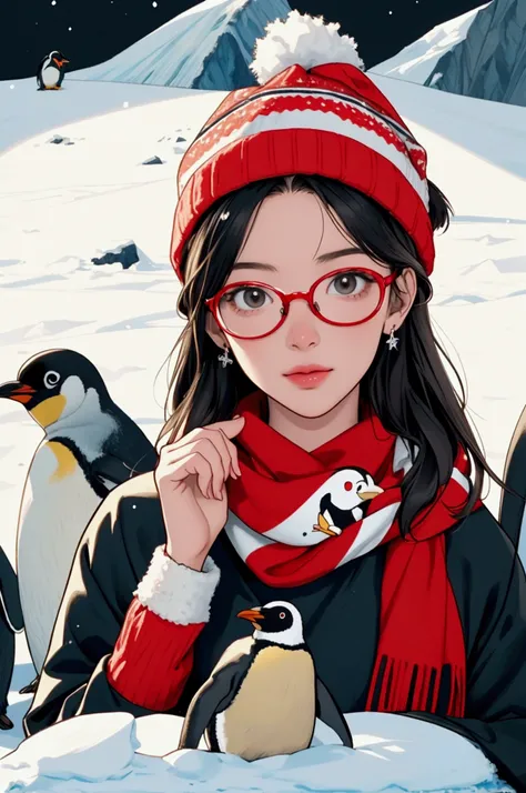 Wheres Waldo style illustration with penguins, one unique target penguin to find, massive crowd of look-alike cartoon penguins, hundreds of penguins in nearly identical winter outfits, red and white striped hats and scarves, round glasses, slight variation...