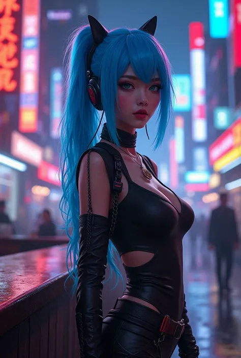 Make a Japanese woman, blue hair what sexy bar tender clothes. Cyberpunk glasses on your face. Make her transform into a mutation power like Mystique from the X-Men and a blonde woman, In a neon cyberpunk city. 