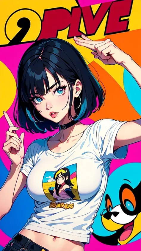 a cartoon girl with short black hair, oversized clothes, loose t-shirt with prints, very colorful, 90s cartoon style, detailed f...