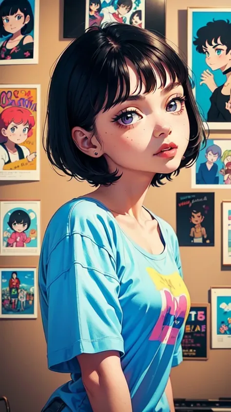 a cartoon girl with short black hair, oversized clothes, loose t-shirt with prints, very colorful, 90s cartoon style, detailed f...