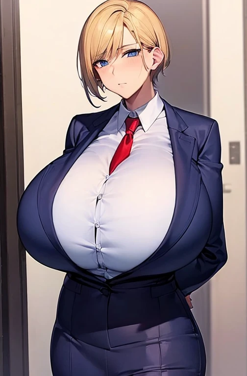 alone、((((huge breasts))))、blonde、very short hair、pixie cut、blue eyes、narrow waist、student、navy blue blazer、white shirt、navy blu...