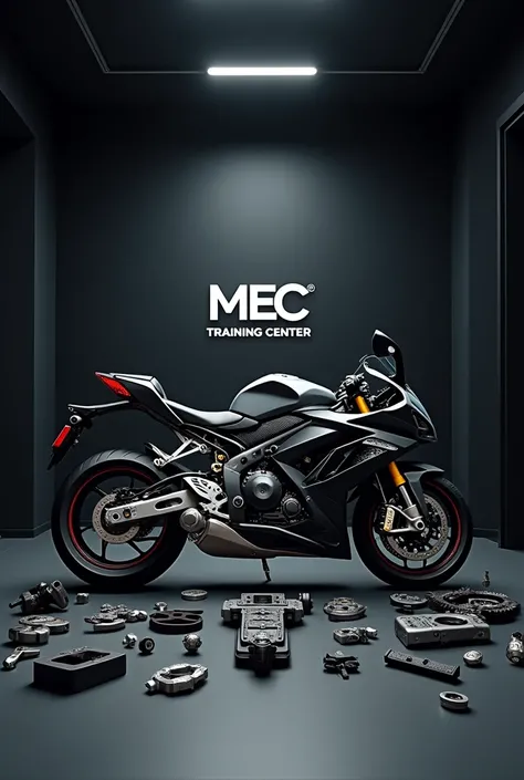 Create a disassembled motorcycle in the middle of a professional and sophisticated company room with a black background and a logo written MEC Training center
