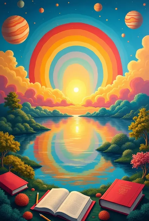 Mural where a rainbow is reflected in the center in a landscape that has the colors yellow, blue and red, books are also seen, pencils, planets on the sides, In the background are clouds without reflections