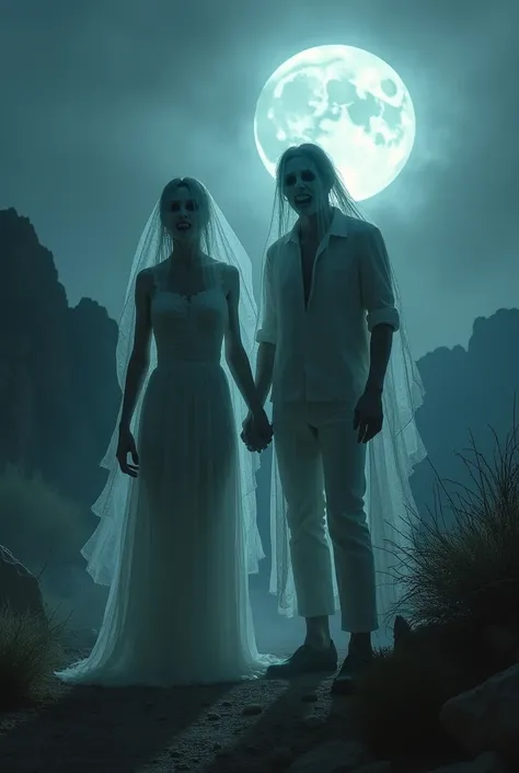 A realistic picture of two dead Honeymooners ghosts on the Superstition mountains. Make the Honeymooners look terrifying in tattered clothes at night. 