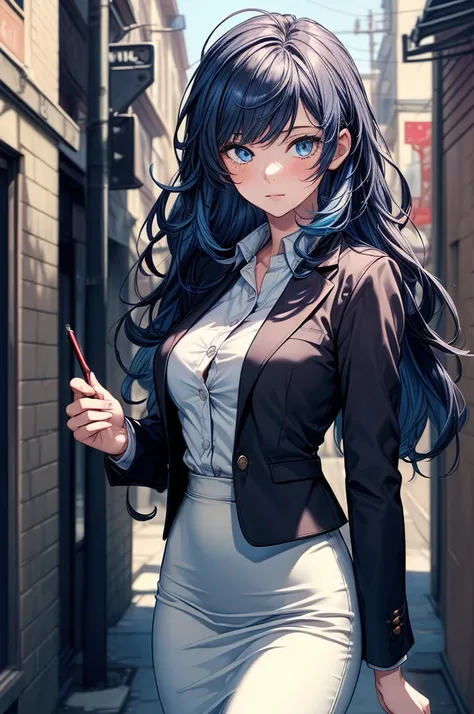 (((((masterpiece, best quality, high detail))))), (1girl), beautiful woman, solo focus, long wavy hair, blue hair, (very messy hair), (black blazer and white button shirt), (black midi pencil (((skirt)))), ((long tight skirt)), wide hips, city alley, ((rea...