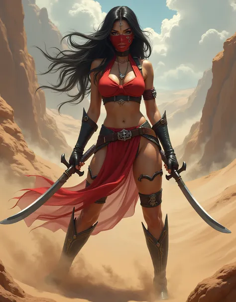 Render gorgeous art of Akali from League of Legends in battle stance in the fantasy desert, sandstorm, amazing desert landscape, Akali from League of legends, sexy legs, sexy outfit, beautiful face, barely exposed breast, 1 exposed breast, ninja clothes, A...