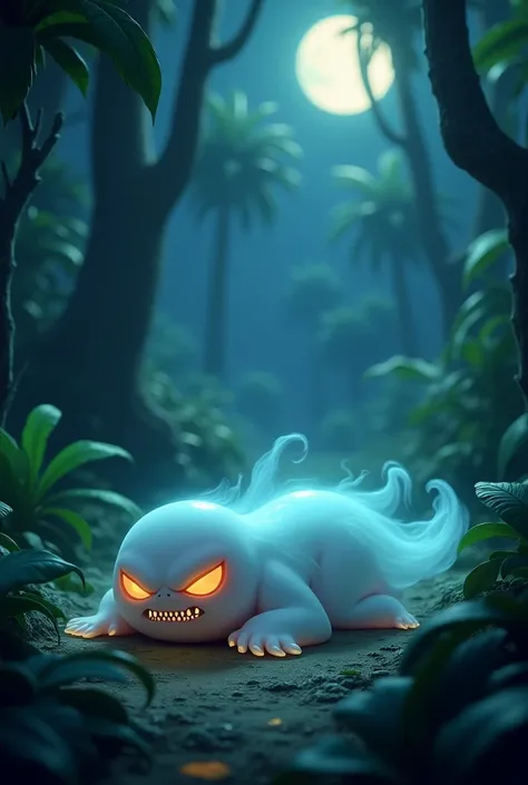 A    ghost has scary face is sleeping on the ground  in jungle at night. 3d animated style, Zootopia style full screen 