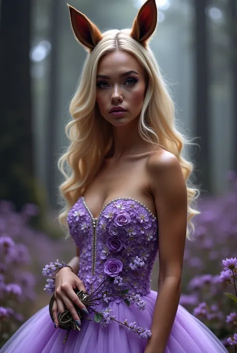 make a horse woman (brown ears) tanned humanoid with powerful blonde wig (Long hair) and false eyelashes with a strapless Met Gala style lilac dress with purple roses,lilac, white and lavender scattered throughout the dress, she is posing for the cover of ...