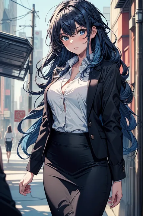 (((((masterpiece, best quality, high detail))))), (1girl), beautiful woman, solo focus, long wavy hair, blue hair, (very messy hair), (black blazer and white button shirt), (black midi pencil (((skirt)))), ((long skirt)), wide hips, city alley, (realistic)...