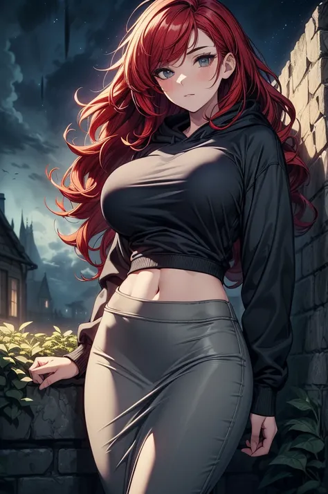 ((((masterpiece, best quality, high detail)))), beautiful woman, solo focus, (large breasts), long ((wavy hair)), ((red hair)), hairpin, ((black hoodie)), ((gray midi pencil ((skirt)))), ((long skirt)), slim body, wide hips, midriff, lower body, garden, ((...