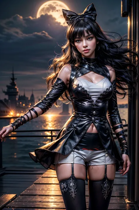 (masterpiece, best quality:1.2), cowboy shot, blake belladonna, black hair bow, white shirt, detached sleeve, pantyhose, legwear under white shorts, night, moon, moonlight, on deck of ship, coast, (masterpiece,stunning girlfriend, (standing:1.1), heart sha...