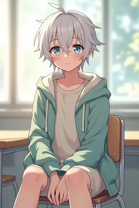 Anime man with messy hair, cute male, light blue eyes,white hair, vestindo roupas fofas.,full body,magestic pose,sitting on a school chair,layered hair down to below the ears