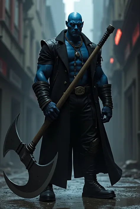 a bald blue skinned ork wearing black clothes like a secret agent with a big boot and using an axe with a long handle and a huge blade
