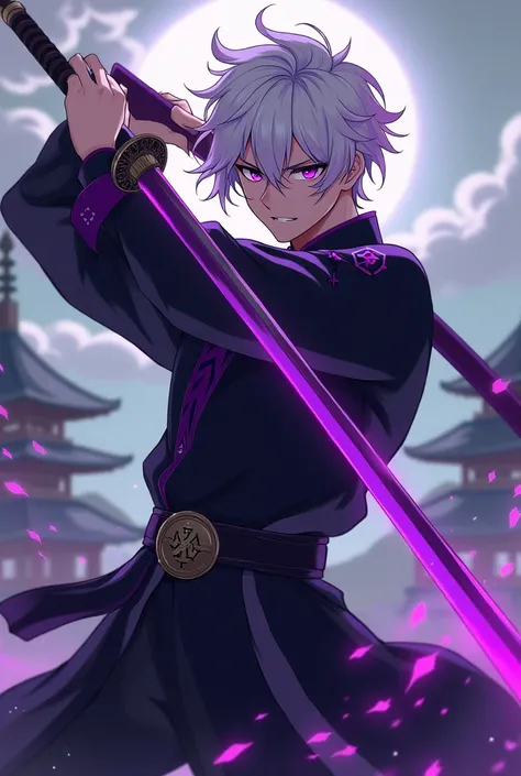 create in anime style a young man with white hair and purple highlights, purple eyes, he uses a sword, somewhat strong physical build, he wears it with a samurai style outfit, This outfit has a predominantly black color with some purple details. he only us...