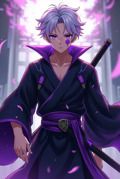 create in anime style a young man with white hair and purple highlights, purple eyes, he wears a sword at his waist, somewhat strong physical build, he wears it with a samurai style outfit, This outfit has a predominantly black color with some purple detai...