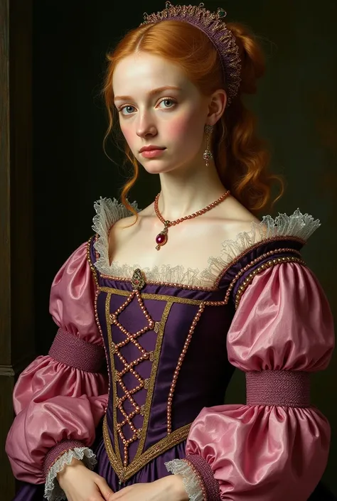 Lucrezia Borgia with strawberry blonde hair in an amethyst netted caul and blue eyes, wearing a purple and pink Italian Renaissance style gown with a square neckline and tight sleeves with pink silk puffs at shoulder and elbow, and pink pearls crisscrossin...