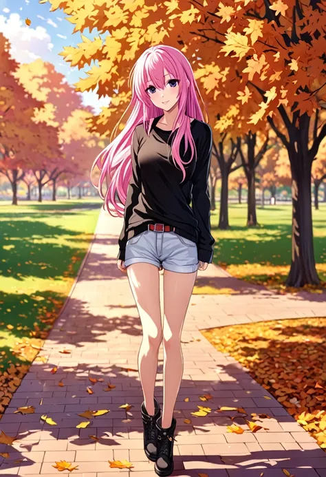 Megurine Luka, cute, casual clothes, pink hair, sexy, morning, park, adult, autumn
