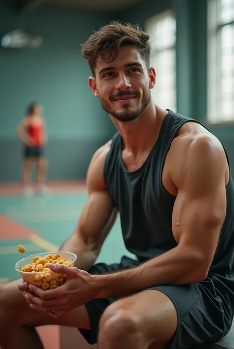 Young male athlete, discreet smile, in his 20s, after regular training day, sitting on the bench in the sport hall, wearing sleeveless t-shirt, sweaty, holding pouch package of snacks, to regain energy, hyperdetailed photography, side low angle shot, depth...