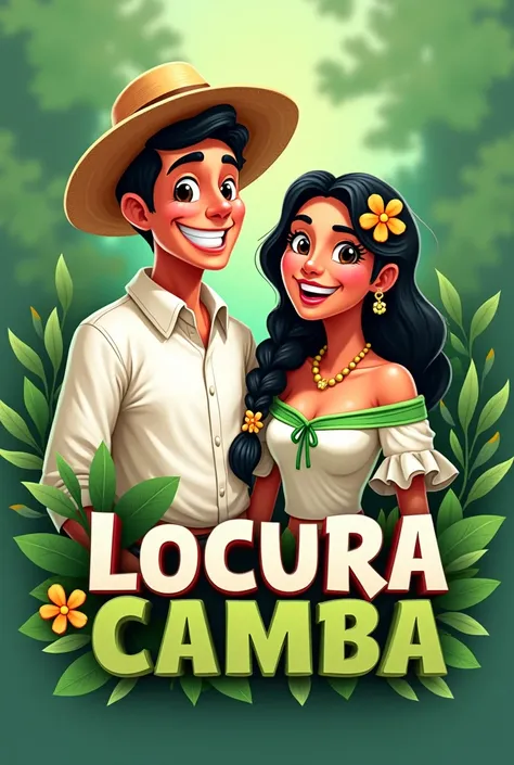 Help me create a logo for a board game called “Locura Camba”, I want the green and white colors to predominate, I want there to be a happy and joyful man, with white long-sleeved shirt with straw hat without design, and a woman with black hair combed in a ...