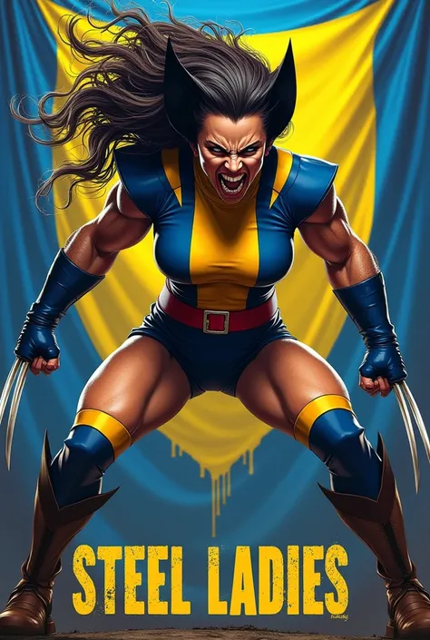 I want the female Wolverine with the classic costume full body image, characterized with the Boca Juniors shield, the female Wolverine has to be in attack position and very angry, very angry indeed , and background with blue and yellow flags. below the ima...