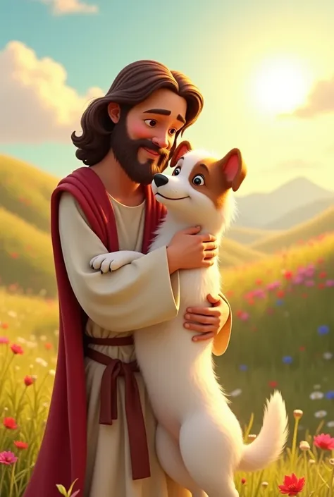 Disney Pixar type image Jesus hugging a white dog with brown ears and a brown head
