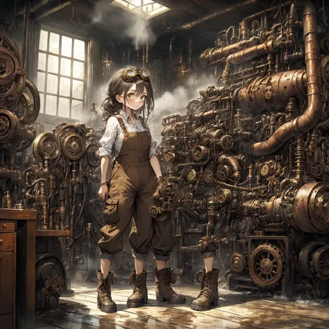 (Best Quality, 4K, masterpiece :1.3), One girl, (steampunk), scenery, steampunk room engine, Engine Repair, gear, gear, steam, boots, Overalls, goggles, Dirty Face, Standing, mechanical, Oil on the floor, Dirty floor