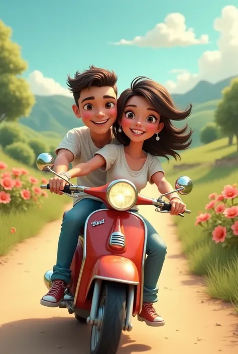 Picture animate very Brunette woman and white man on a cute motorcycle