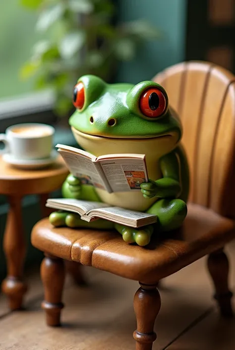 Miniature Model、Very detailed、Anthropomorphic frog、Very cute、Cutely deformed、Loincloth、Sit on a chair with your legs crossed、mascot、Read magazines、Cappuccino on the side table、、