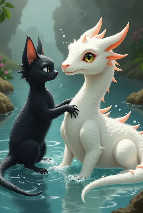 Anthropomorphic black cat bathing anthropomorphic white dragon.