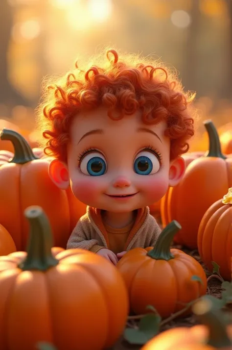 A still from a 3D Disney movie of a very cute  with short, red, curly hair in a pumpkin patch. Inspired by Pixar, Disney, beautiful clear and detailed face, huge blue eyes, adorable. Autumn vibes. Unreal 8k octane rendering engine.”