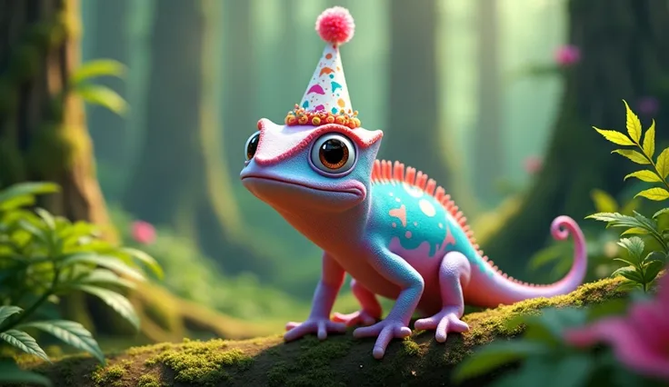 A cute and cuddly shapeshifting chameleon wearing a birthday hat in a forest in animated version