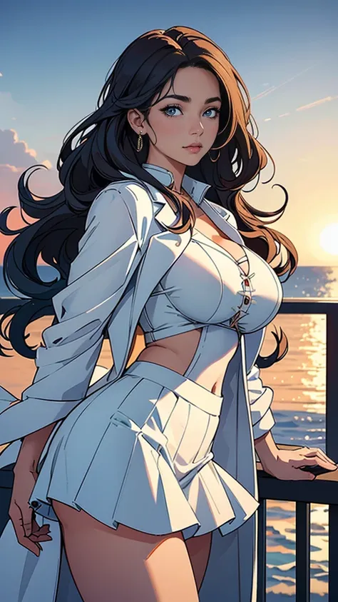 High resolution、masterpiece、Textured skin、high quality、Ultra high definition、Very detailed、woman、Center parted wavy hair、4、researcher、Wearing a white coat、Large Breasts、Perfect Style、mini skirt、Looking at the camera while enjoying the breeze on a summer ev...