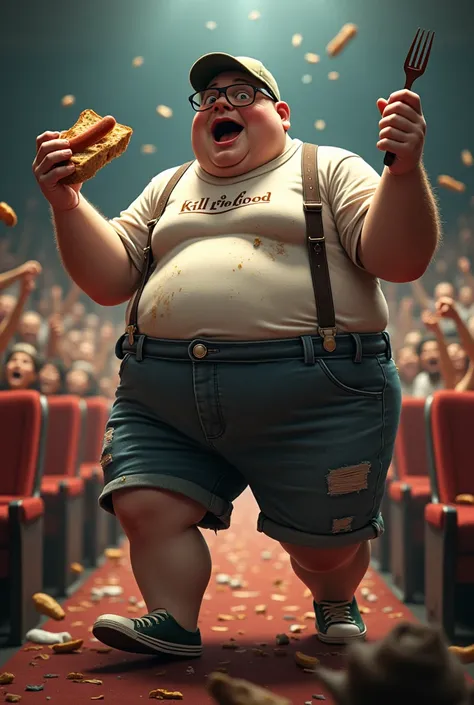 The man is very fat 180 kilograms. In glasses and a small cap. Fat head . Big full legs . Dressed in shorts with suspenders and a dirty, greasy, stained T-shirt.на майке надпись killed  food ♥️. He holds bread with sausage in his hand. In the second one, a...