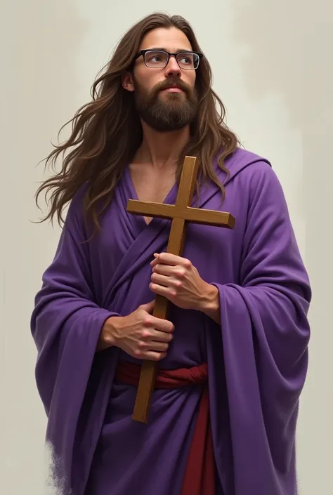 A guy with long brown hair, a purple tunic and glasses, also carrying a Christian cross. He has a stoic look. 