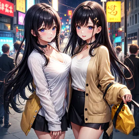 ((Best Quality)), ((masterpiece)), (detailed), One girl, sexy,Young woman with long black hair。Her hair is straight、Bangs on the forehead、It is held in place by a black hairpin on the side.。Her eyes are golden brown、Smiling gently。She wears a black choker、...