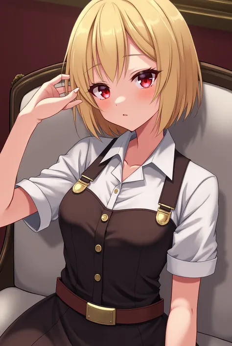 score 9, score 8 above, score 7 more points, The evaluation is questionable,
Detailed background], piel brillante,Chisato Nishikigi, short hair, blows, blonde hair, red eyes, hair Love, one side up, bob cut,
shirt, long sleeves, dress, Love, white shirt, c...