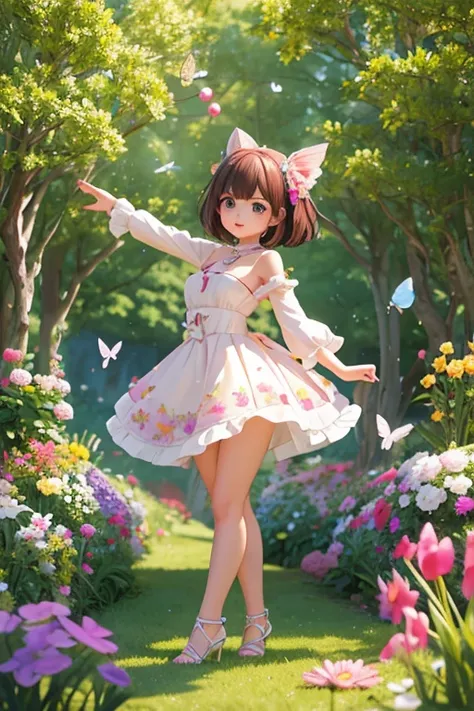 Best Quality, masterpiece, 4k, 8k, wallpaper, game cg, concept art, 3D style, dream-like, 1 girl, look powerful, beautiful, big eyes, short hair, look confident, happy, eye-catching outfit, dancing, butterfly, colorful life, balloons, rainbow, many flowers...