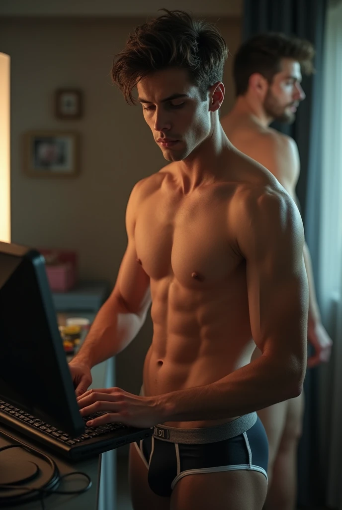 Sexy 1  boy in underwear without beard using computer to play Behind him is a naked man.