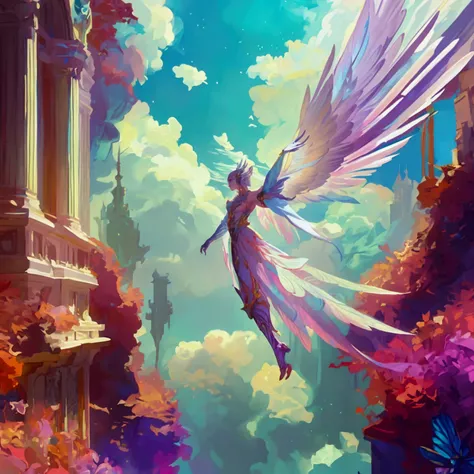 In a surreal and otherworldly realm, a majestic Valkyrie of Wind gracefully soars through the air. Her ethereal form is polygonal yet fluid, blending seamlessly with the psychedelic and polychromatic landscape that surrounds her. Her soft, iridescent feath...