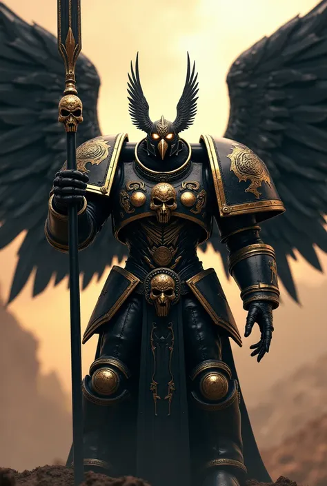 Make me a Primarch from the Warhammer 40k universe with black and gold armor, with winged skulls for armor, falcon type helmet with wings, layer, robotic black wings and holding a spear in 2k style