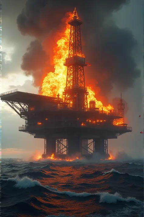 A gigantic oil platform burning in the ocean