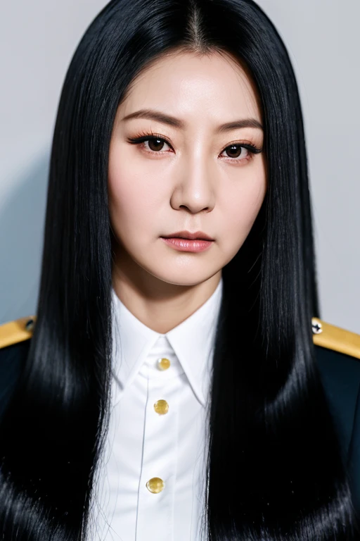 1 Chinese lady, (Realist:1), jet black hair,very long hair,thick hair,shiny jet black hair,most very stiff hair,fluffy hair,Chinese female jail officer,black uniform,black pants,most very angry face,woman is 50years old,high resolution,tall woman,womans he...