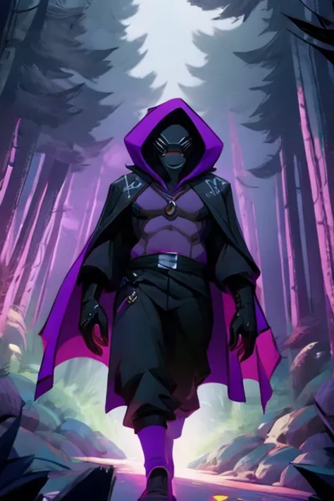 a brown guy with a black hood and letters "a" On the chest. in a forest