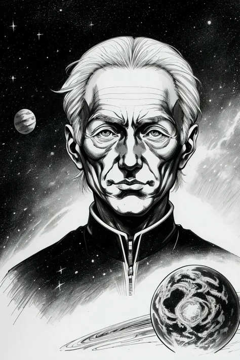 ALBERT AINSTEN WITH A BIG HEAD DISPROPORTIONAL TO HIS BODY BIG BRAIN IN A SPACE SCENE WITH PLANETS BLACK AND WHITE MANGA STYLE IMAGE DRAWING