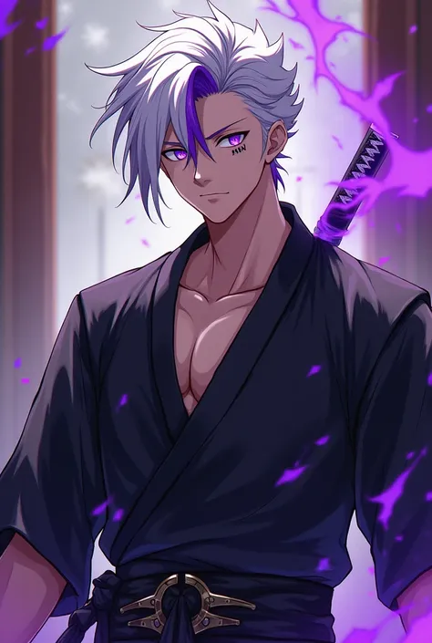 create in anime style a young man with white hair and purple highlights, purple eyes, he wears a sword at his waist, somewhat strong physical build, he wears it with a samurai style outfit, This outfit has a predominantly black color with some earth detail...