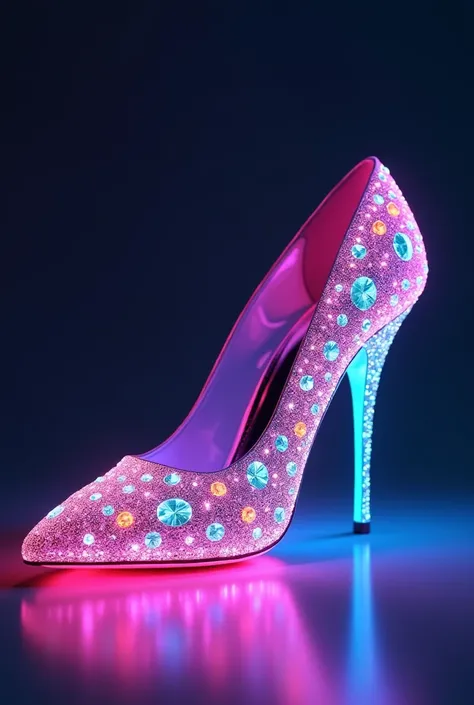 Realistic full color photo, best image quality. Image of an elegant evening party stiletto shoe, inlaid with multiple gemstone rays of neon colored lights. . Fantasy shoe image incredible all details. realistic lots of color and light