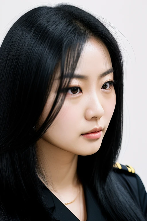 1 Chinese lady, (Realist:1), jet black hair,very long hair,thick hair,shiny jet black hair,most very stiff hair,fluffy hair,Chinese female jail officer,black uniform,black pants,most very angry face,most very beautiful face,high resolution,tall woman,woman...